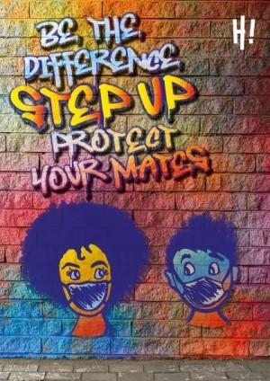 Animated image with colourful graffiti writing on a brick wall. A girl and boy are wearing face masks