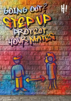 Animated image with colourful graffiti writing on a brick wall. A girl and boy are standing apart with a double ended arrow between them.