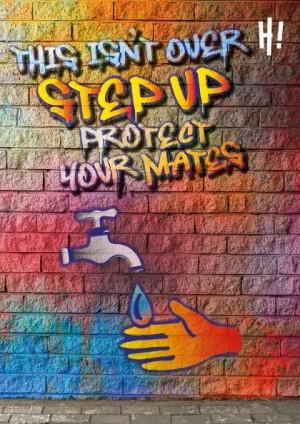 Animated image with colourful graffiti writing on a brick wall. A hand is under a running tap.